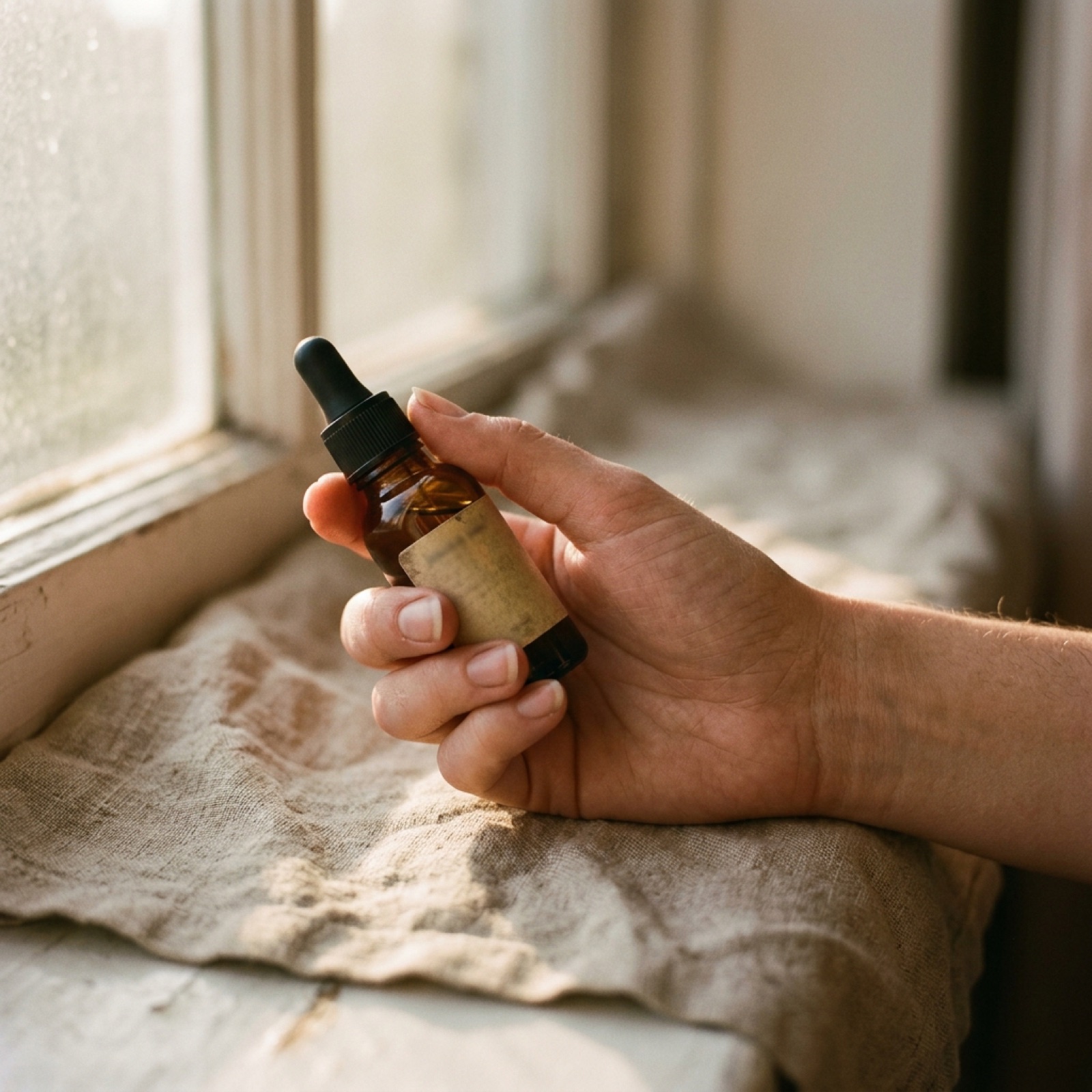 Close-up of a hand holding an amber glass dropper bottle against soft window light