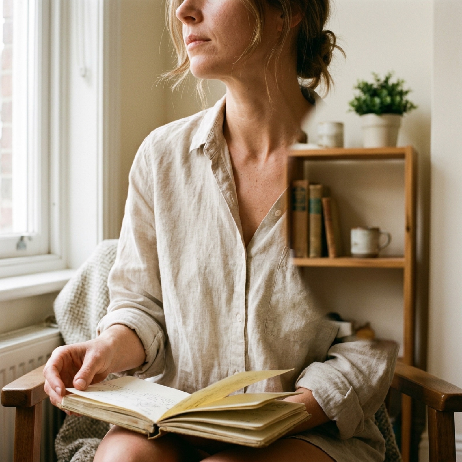 Partial portrait — woman reading in warm natural light, face cropped, editorial